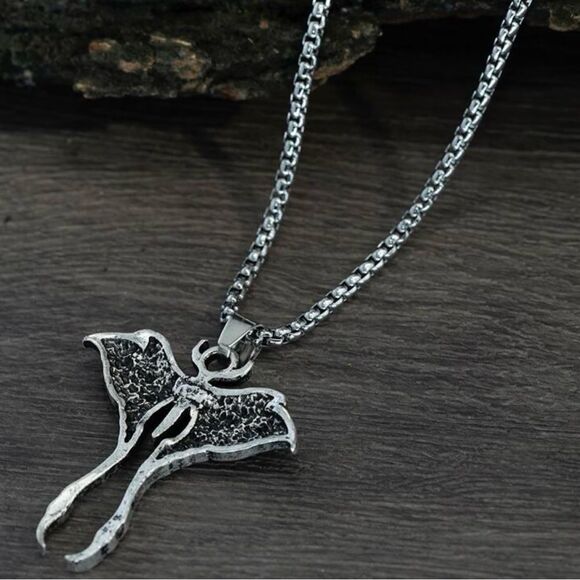 Gothic Lunar Moth Silver Tone Pendant Necklace with Chain engraved details - Picture 3 of 7
